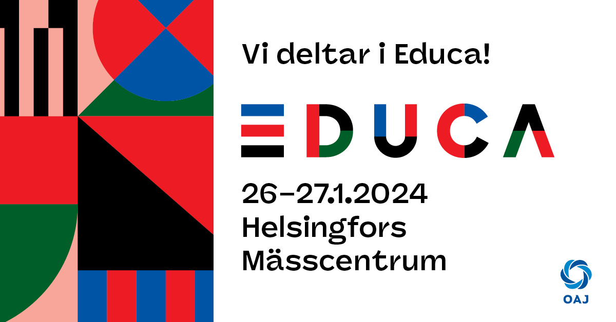 En bild som visar logon för Educa och informationen Vi deltar i Educa 26-27.1.2024 Helsingfors mässcentrum