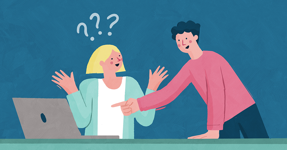 Illustration över person vid dator som får hjälp av annan person.